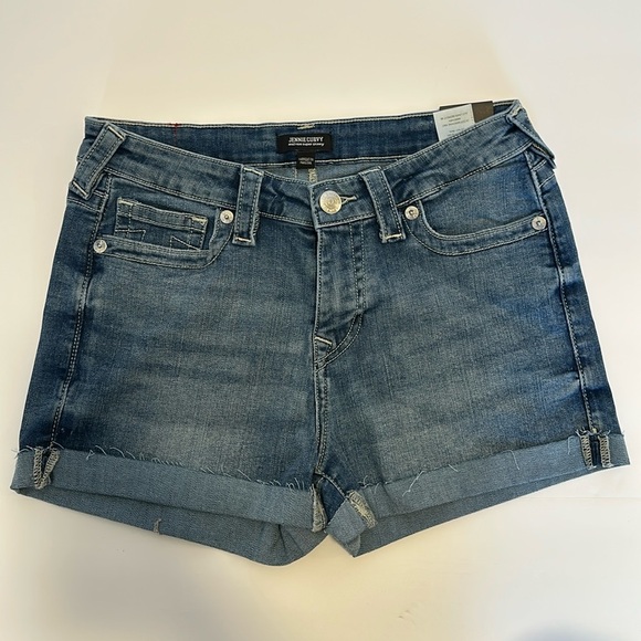 TRUE RELIGION Shorts Jennie Curvy Mid Rise Super Skinny Raw Roll Hem Medium Wash - Picture 1 of 7